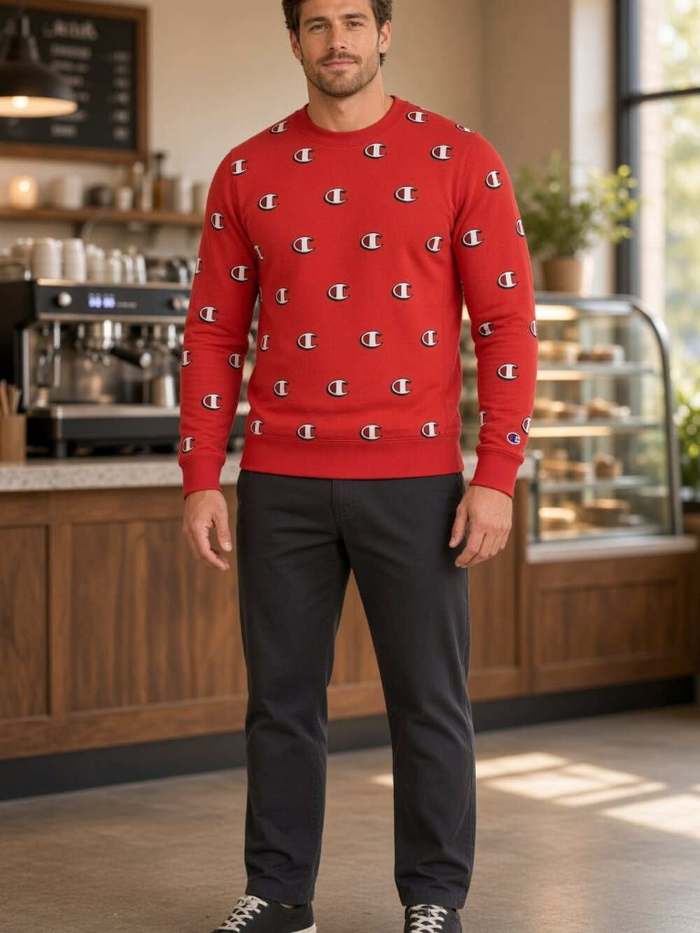 Champion Men Red Long-Sleeve Reverse Weave Crew Scribble Logo C AOP US XS